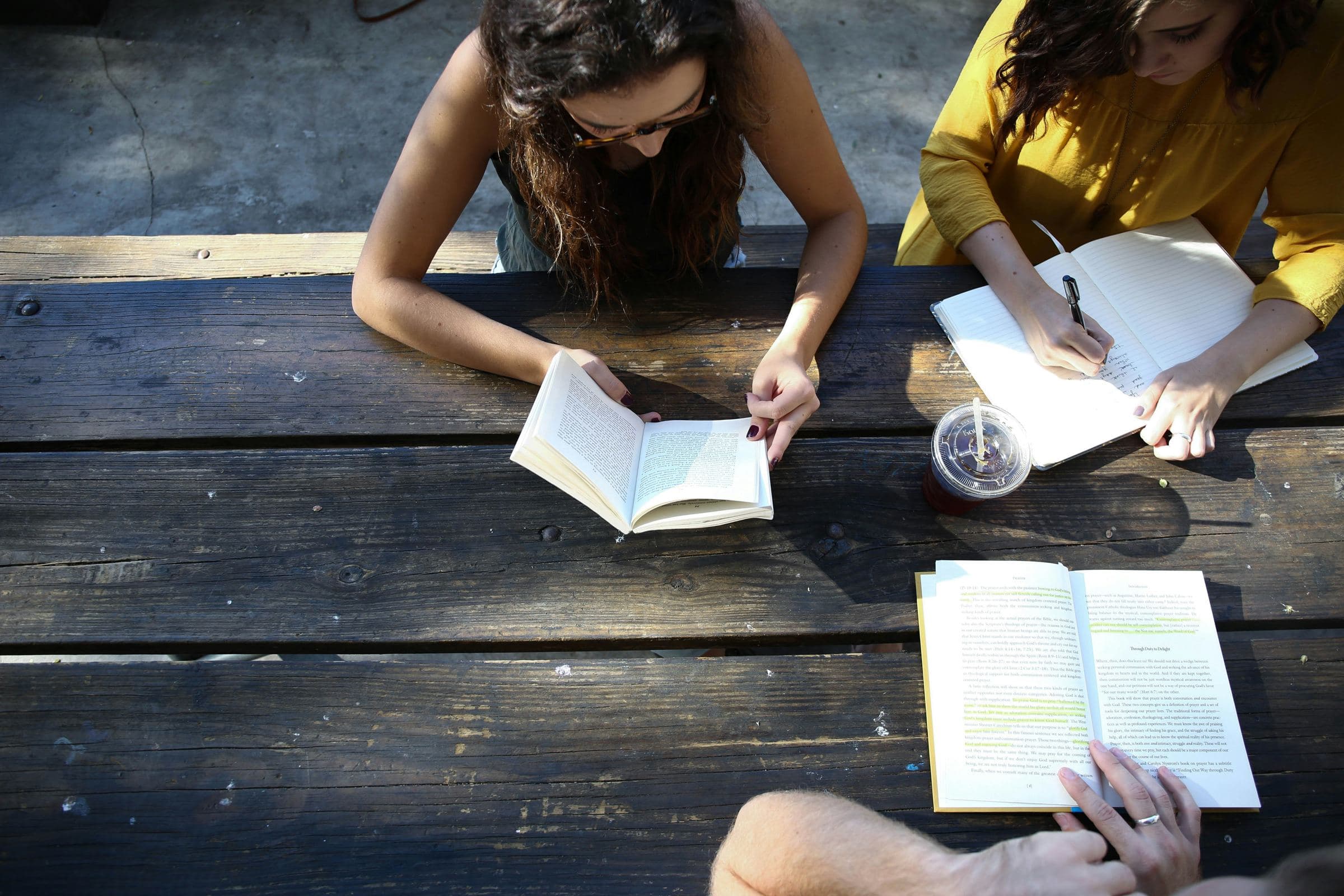 Two people reading and taking notes at a wooden picnic table in the sun